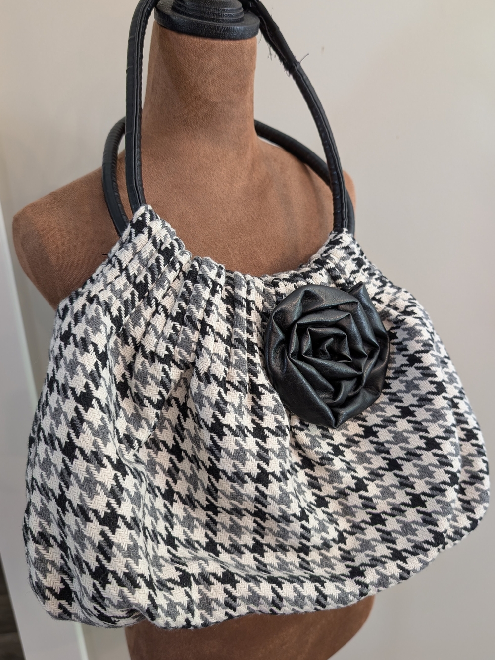 American Eagle Black & White Houndstooth Shoulder Bag with Black Rose Accent